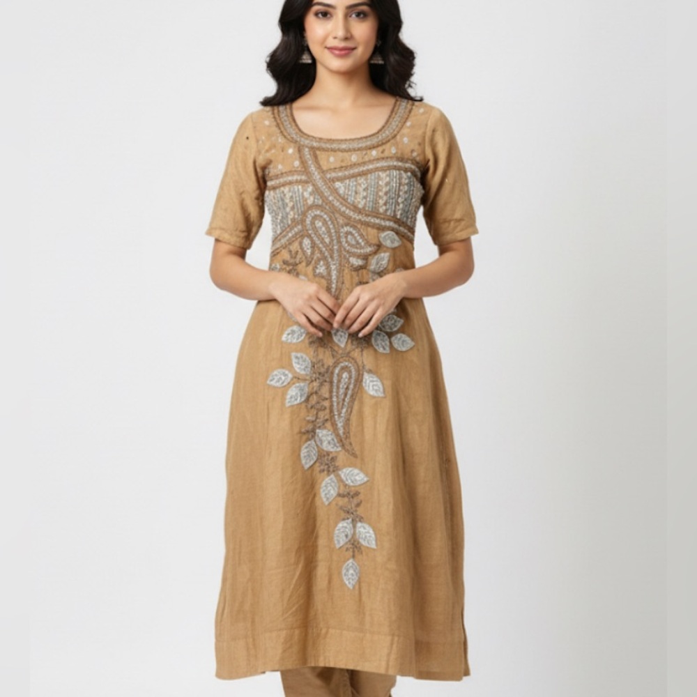 Handmade Kurta Vintage Ornate Silver Leaf Beaded Silk Blend Tunic Dress